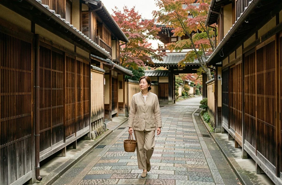 Rue traditionnelle japonaise à Kyoto avec maisons en bois et femme marchant sur les pavés