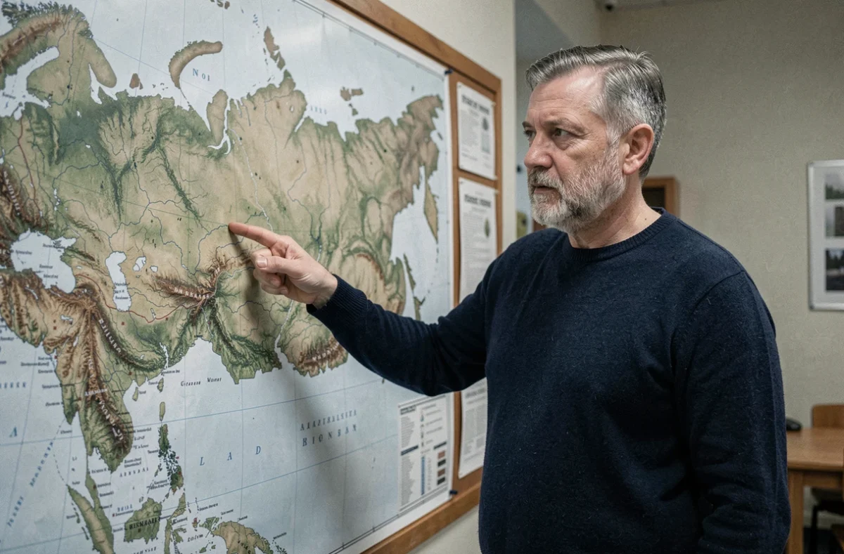 Géographe pointant la région sibérienne sur une grande carte topographique de la Russie accrochée à un mur