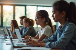 Salle de classe moderne avec élèves utilisant des tablettes