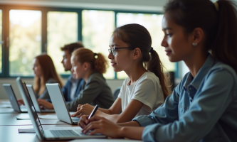 Salle de classe moderne avec élèves utilisant des tablettes