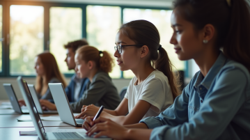 Salle de classe moderne avec élèves utilisant des tablettes