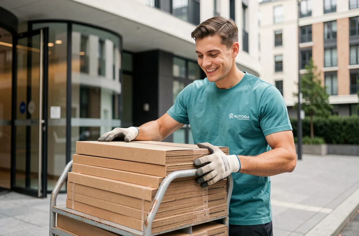 Déménageur Samy Dem souriant empilant des cartons sur un diable devant un immeuble parisien moderne