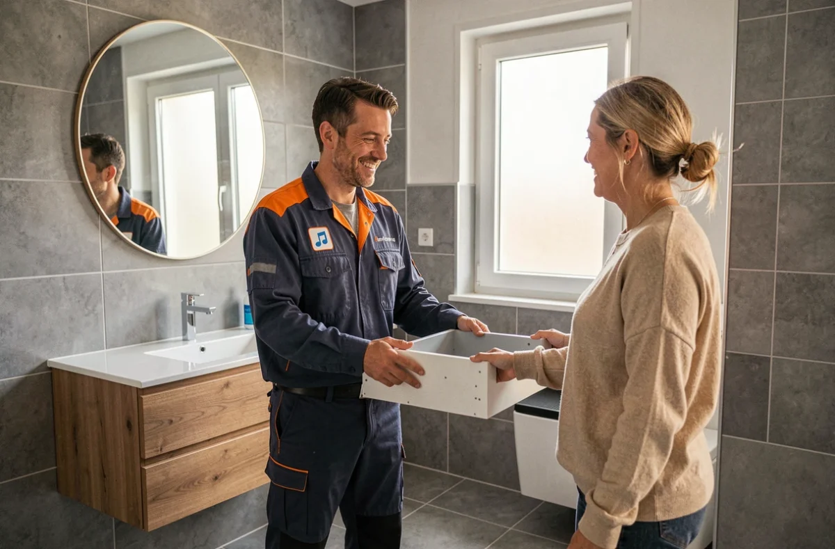 Plombier de SAS Music Plomberie présentant une salle de bain rénovée à un client satisfait à Mérignac