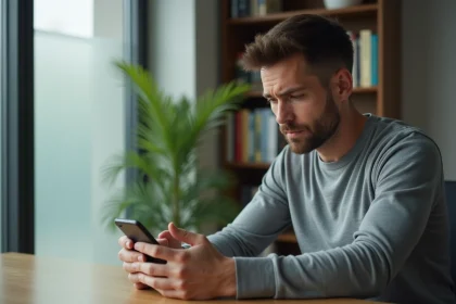Homme tenant un smartphone dans un bureau à domicile, illustrant la confidentialité des SMS anonymes