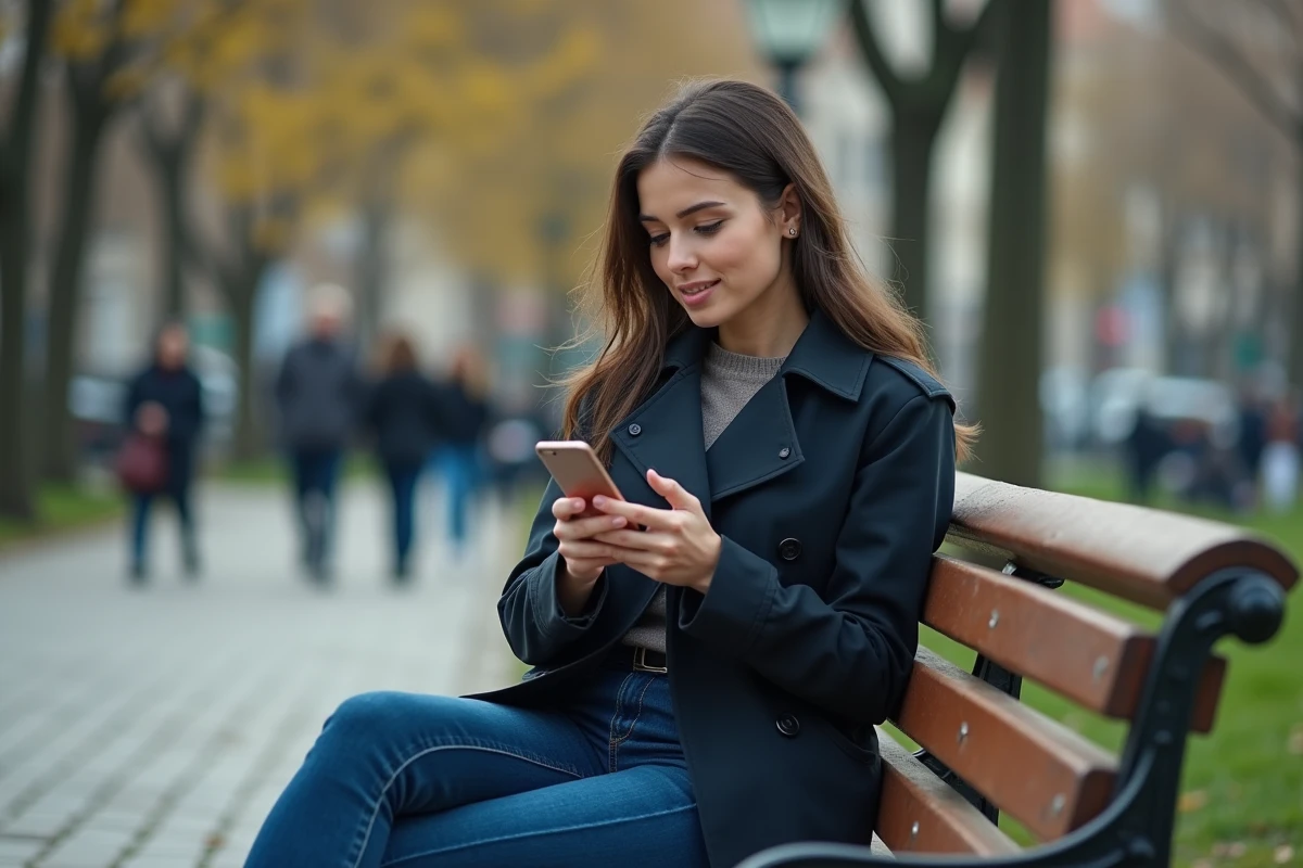 Femme tapant un SMS sur un banc de parc urbain, évoquant la discrétion et l'anonymat mobile en public