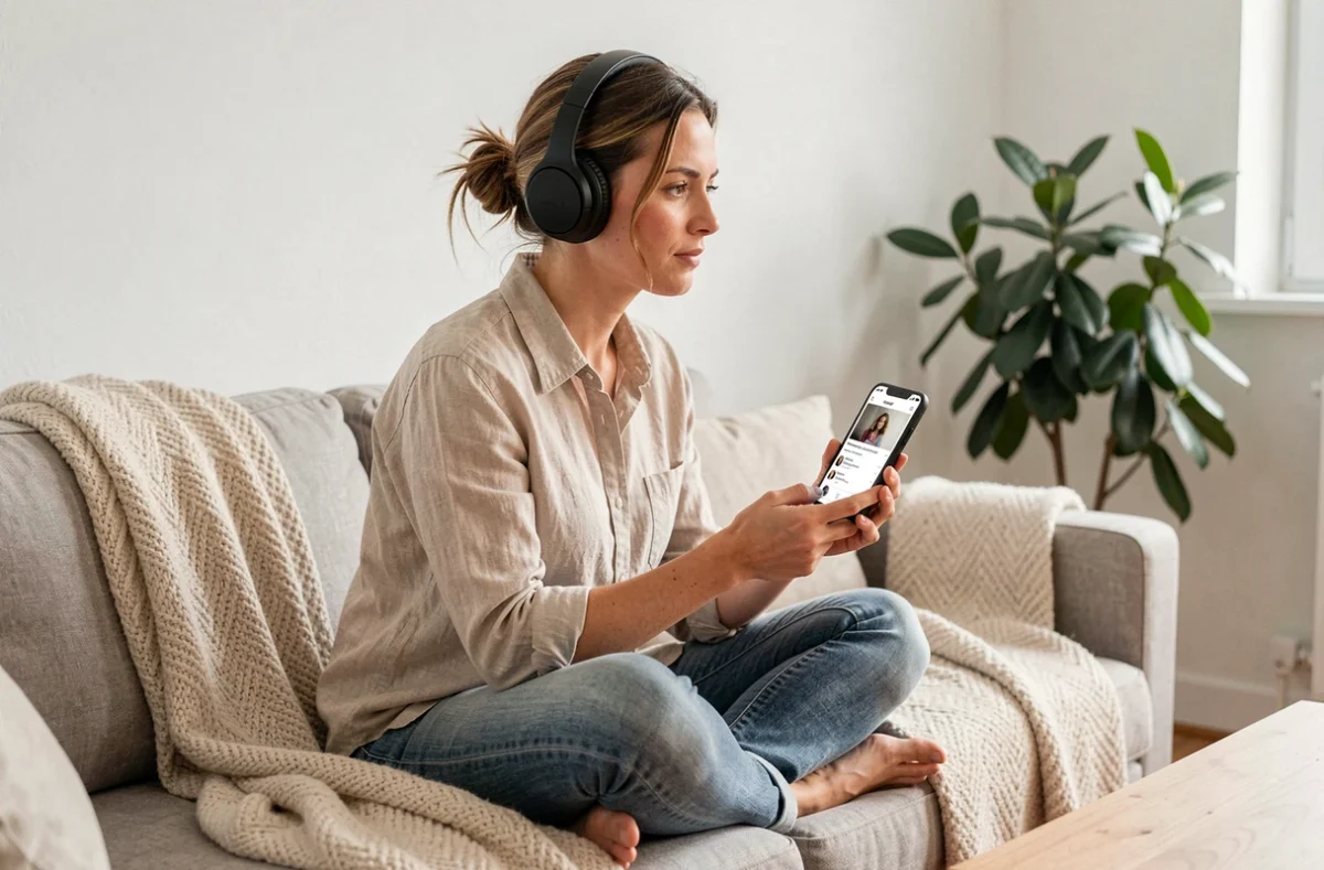 Femme écoutant un artiste musical indépendant sur smartphone et soutenant son travail depuis un salon scandinave