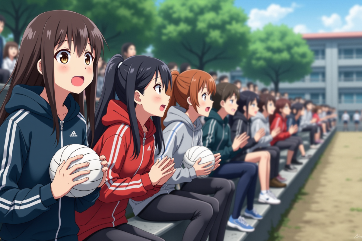 Groupe de filles encourageant leur équipe de volleyball en extérieur