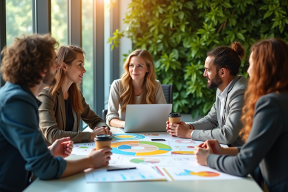 Groupe de professionnels discutant d une strategie d economie circulaire dans un bureau lumineux