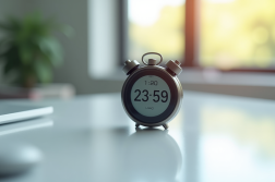 Chronomètre digital affichant 23h59 sur une table blanche