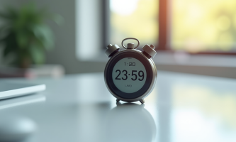 Chronomètre digital affichant 23h59 sur une table blanche