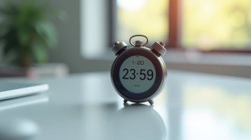 Chronomètre digital affichant 23h59 sur une table blanche