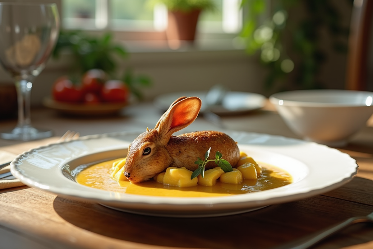 Table rustique avec plat de lapin à la moutarde