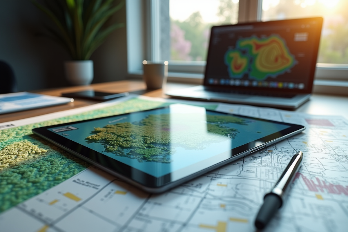 Tablette avec carte topographique et outils techniques