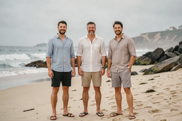 Groupe d'hommes de tailles différentes debout sur une plage côtière, illustrant les variations de taille moyenne par pays