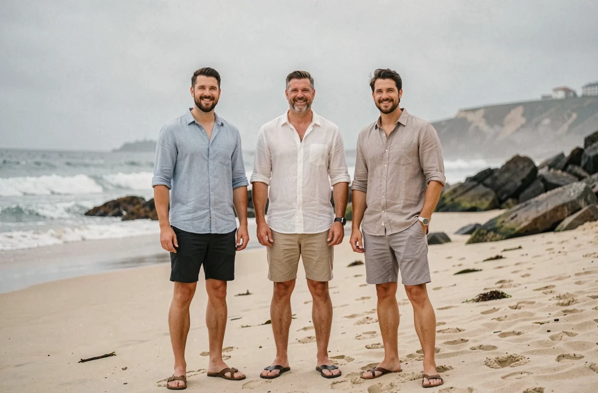 Groupe d'hommes de tailles différentes debout sur une plage côtière, illustrant les variations de taille moyenne par pays