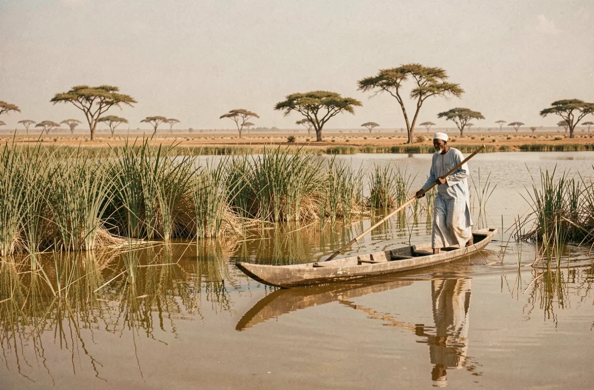 Pêcheur tchadien en boubou bleu poussant une pirogue à travers les roseaux de papyrus sur les rives du lac Tchad