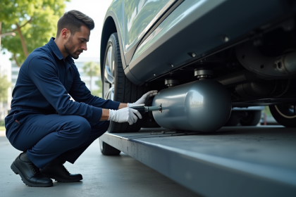 Technicien inspectant un réservoir d'hydrogène sous une voiture moderne