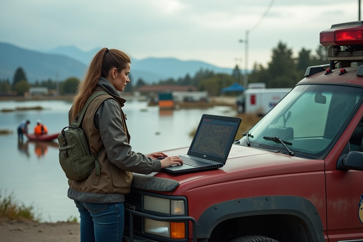 Technicienne satellite analysant des images sur un ordinateur