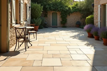 Terrasse extérieure dallée en pierre calcaire Moleanos avec mobilier bistro en fer forgé et plantes de lavande