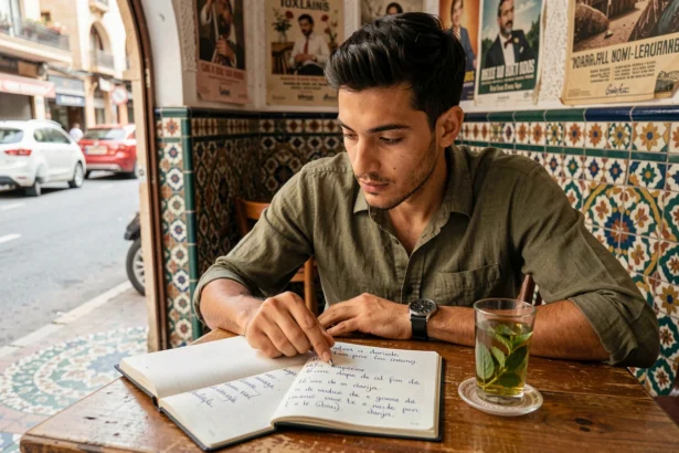 Jeune homme marocain prenant des notes sur la traduction d'expressions en français et en darija dans un café traditionnel de Casablanca