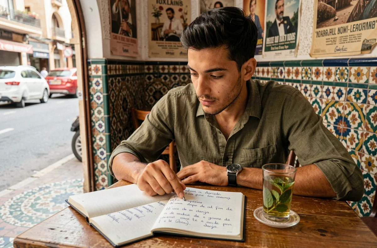 Jeune homme marocain prenant des notes sur la traduction d'expressions en français et en darija dans un café traditionnel de Casablanca