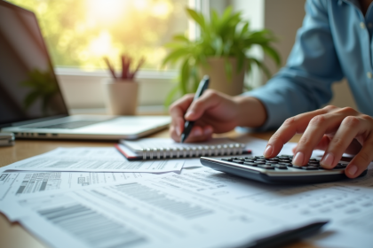 Personne travaillant sur des papiers financiers à un bureau lumineux