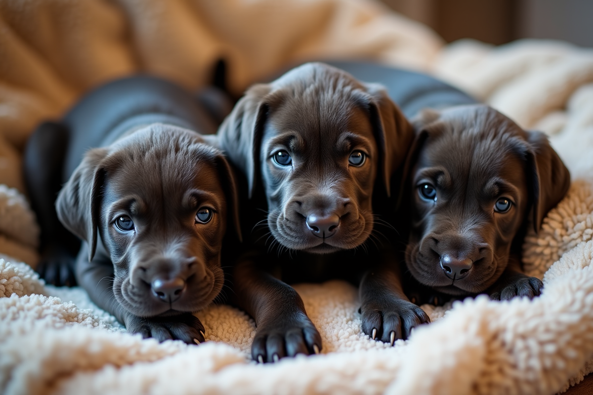 Trois chiots cane corso sur une couverture douce