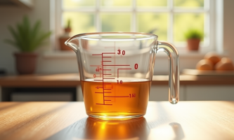 Verre mesure 30 ml sur plan de travail en bois en lumière naturelle