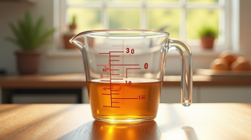 Verre mesure 30 ml sur plan de travail en bois en lumière naturelle