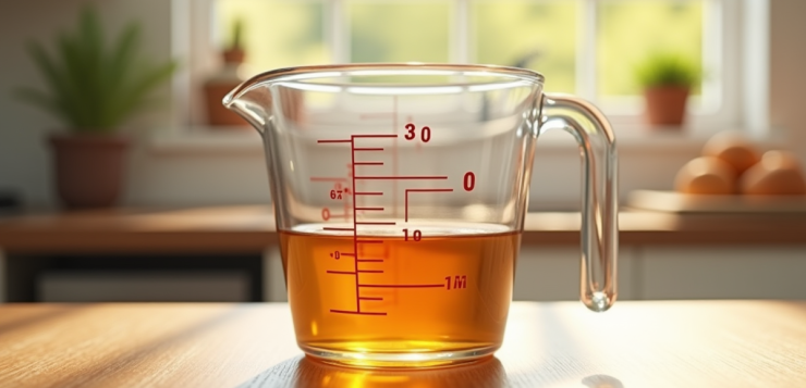 Verre mesure 30 ml sur plan de travail en bois en lumière naturelle