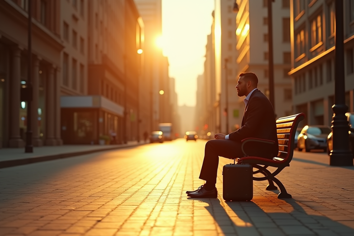 Homme seul sur un banc dans une rue de ville au matin
