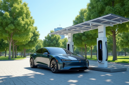 Voiture électrique moderne au station de recharge solaire dans un parc