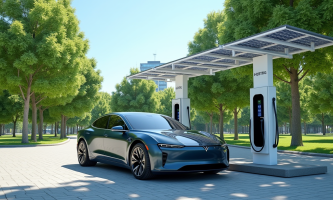 Voiture électrique moderne au station de recharge solaire dans un parc