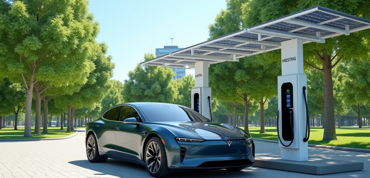 Voiture électrique moderne au station de recharge solaire dans un parc