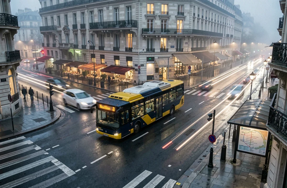 Vue aérienne d'un bus Noctilien traversant un carrefour parisien la nuit avec carte de ligne visible